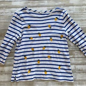 J Crew Striped Pineapple Embroidered Boat Neck 3 4 Sleeve Top Size L